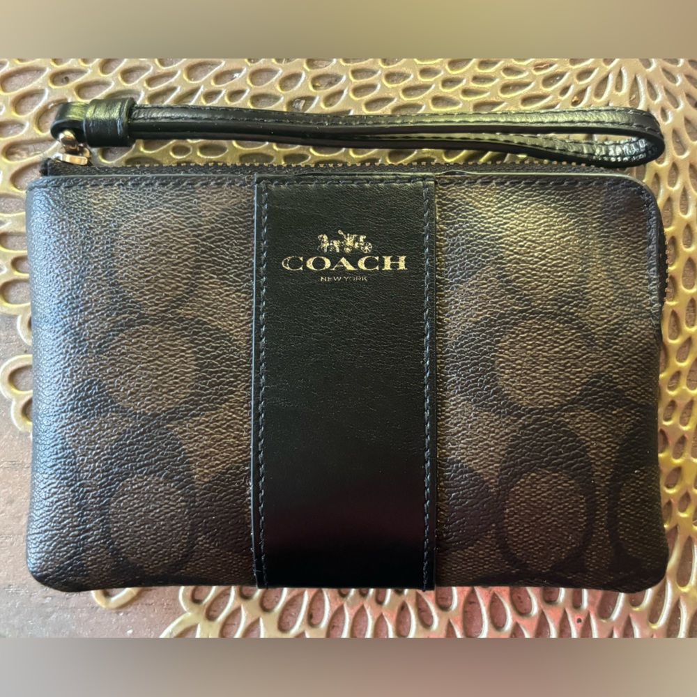 Coach Brown and Black Logo Wristlet with Gold Accent